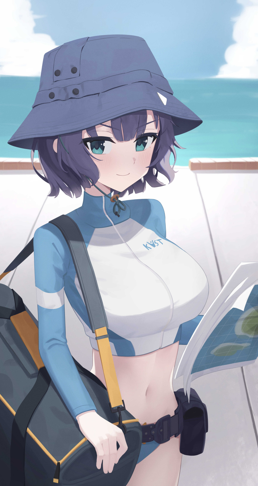 1girl absurdres bag belt belt_pouch bikini bikini_bottom_only black_belt blue_archive blue_bikini blue_hair blue_headwear blue_sky breasts bucket_hat closed_mouth cloud commentary dark_blue_hair duffel_bag gihachii green_bag green_eyes hat highres holding holding_map large_breasts long_sleeves looking_at_viewer map midriff navel ocean official_alternate_costume pouch rash_guard saki_(blue_archive) saki_(swimsuit)_(blue_archive) short_hair sky smile solo swimsuit utility_belt
