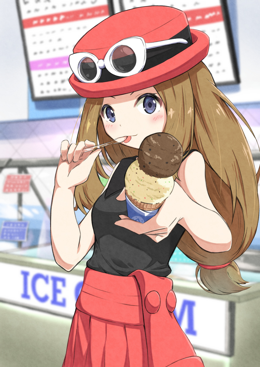 :p absurdres black_shirt blue_eyes brown_hair eyewear_on_headwear food hat highres holding_ice_cream long_hair looking_at_viewer negimiso1989 pokemon red_headwear red_skirt serena_(pokemon) shirt skirt sleeveless sleeveless_shirt sunglasses tongue tongue_out white-framed_eyewear