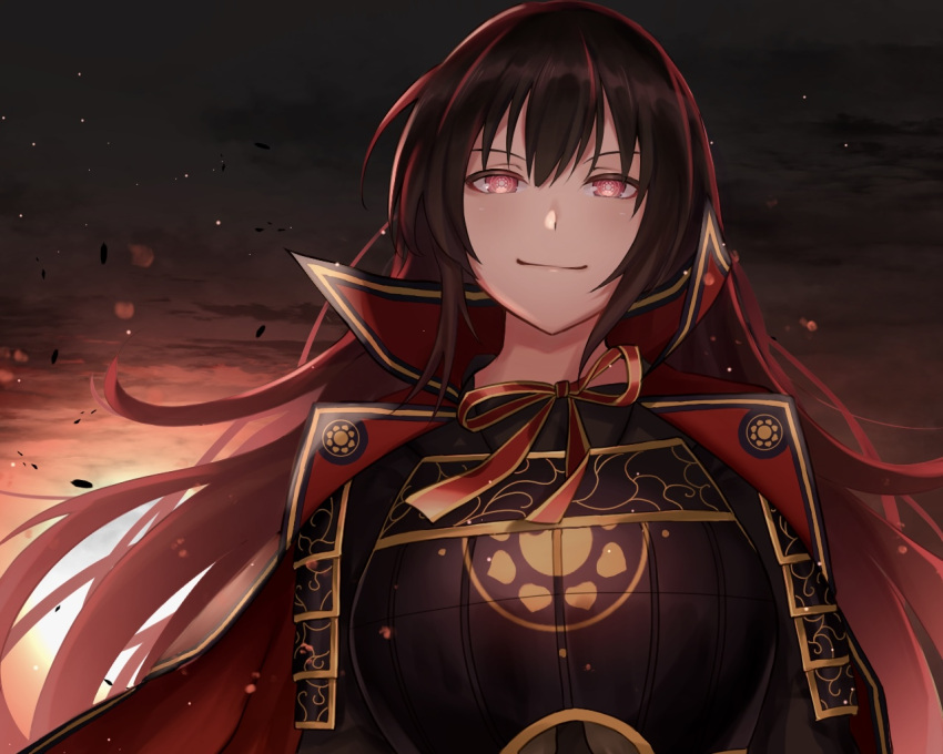 1girl armor backlighting black_hair breasts cape cloud evening japanese_armor kagura_(senran_kagura) large_breasts lemonrou lens_flare long_hair looking_at_viewer orange_sky outdoors red_eyes ribbon senran_kagura senran_kagura_estival_versus sky smile solo star_(sky) starry_sky sun sunlight sunset symbol-shaped_pupils