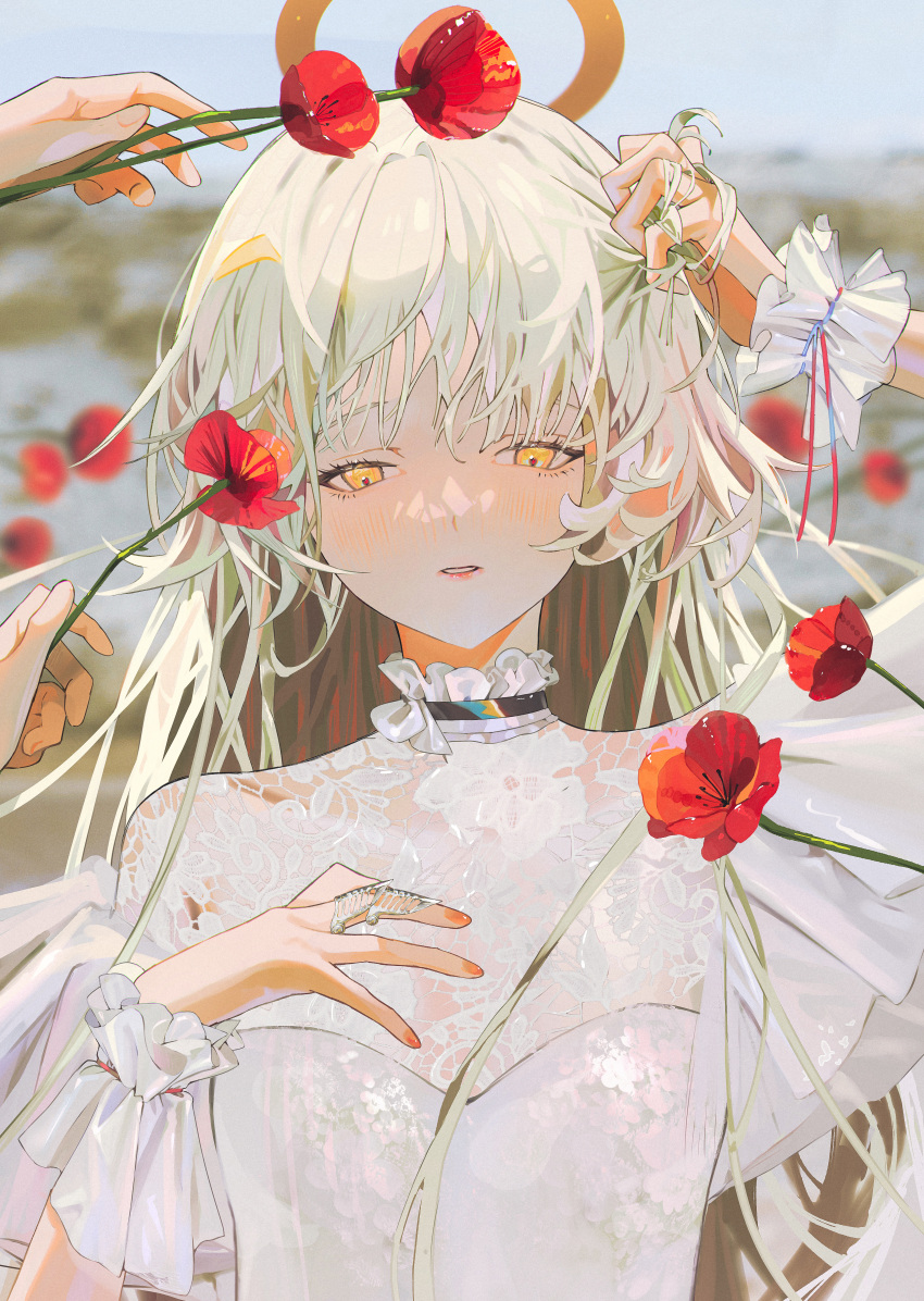 1girl absurdres angel blurry blurry_background choker claw_ring disembodied_limb dress flower frilled_choker frilled_sleeves frills halo hand_in_own_hair hand_on_own_chest hand_on_own_head hand_up highres jewelry long_hair looking_at_viewer nail_polish original parai0 parted_lips ring see-through see-through_dress short_sleeves solo_focus straight-on white_hair wrist_cuffs yellow_eyes