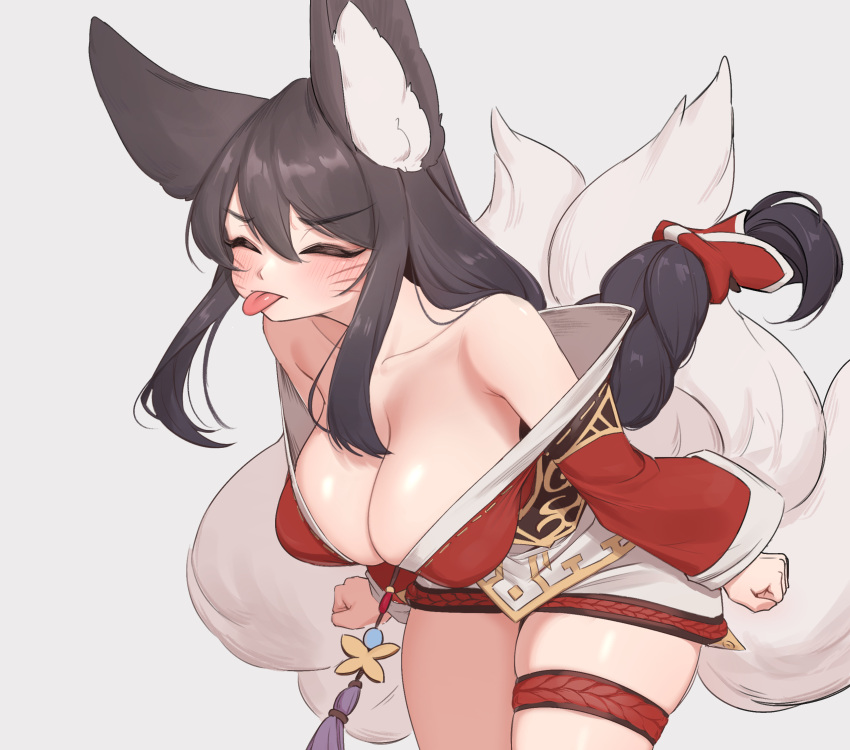 1girl :p ahri_(league_of_legends) animal_ears black_hair breasts cleavage closed_eyes cowboy_shot facial_mark fox_ears fox_girl fox_tail hair_between_eyes highres kitsune large_breasts league_of_legends leaning_forward long_hair multiple_tails off_shoulder ponytail simple_background skindentation solo tail thighs tongue tongue_out whisker_markings white_background yabby