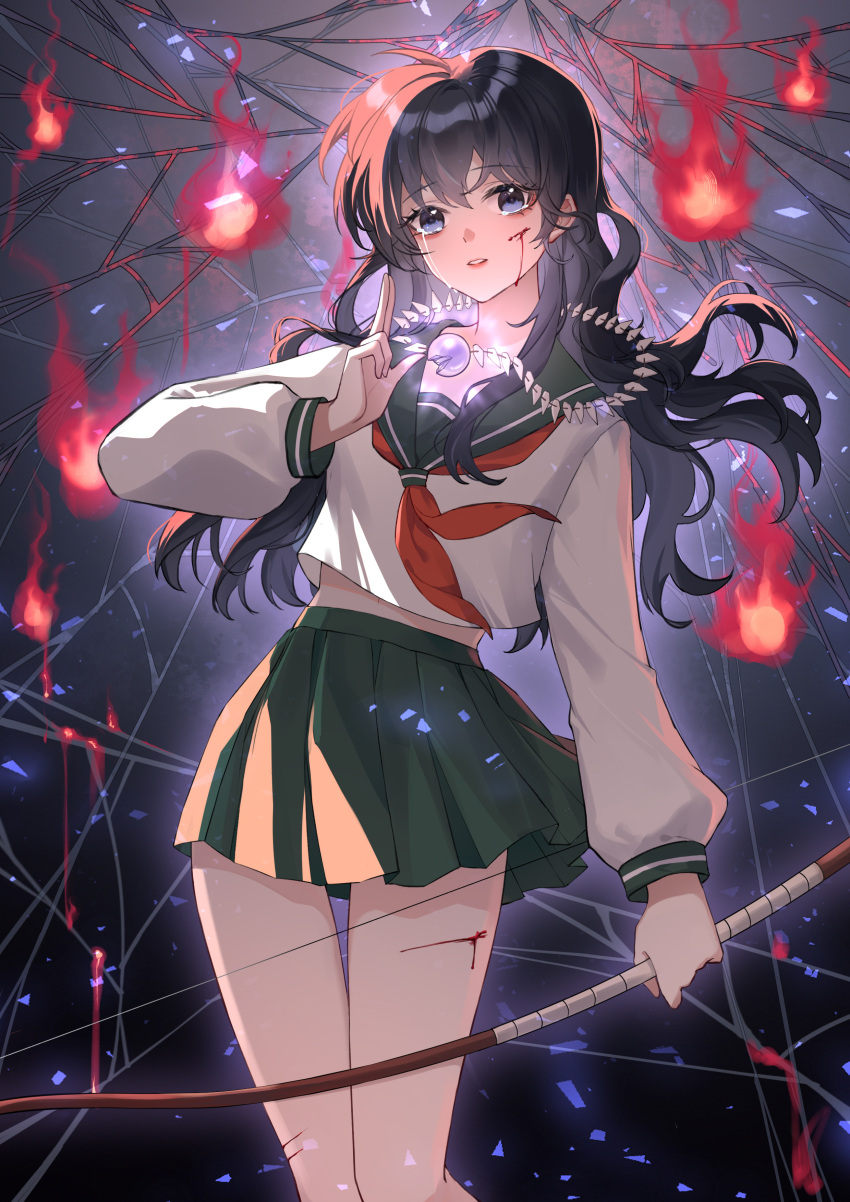 1girl absurdres black_hair blood blood_on_face blood_on_leg blue_eyes bow_(weapon) crying dress fire green_skirt highres higurashi_kagome holding holding_bow_(weapon) holding_weapon hu_chi_jiang index_fingers_together inuyasha jewelry long_hair midriff necklace sailor_dress second-party_source silk skirt solo spider_web thighs upper_body weapon