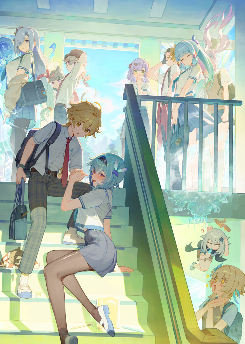 +_+ 3boys 6+girls ? absurdres aether_(genshin_impact) ahoge animal_ears bag baron_bunny_(genshin_impact) black_hairband black_pantyhose blonde_hair blue_bow blue_eyes blue_hair blue_sky blush bow brown_pants brown_sweater_vest butterfly_hair_ornament card cat_ears commentary_request contemporary eula_(genshin_impact) facepalm facial_mark feather_hair_ornament feathers floating floating_hair genshin_impact green_eyes grey_hair hair_bow hair_ornament hairband halo hand_to_own_mouth highres holding holding_bag holding_card holding_hands indoors kamisato_ayaka keqing_(genshin_impact) light_blue_hair looking_at_another lumine_(genshin_impact) lynette_(genshin_impact) lyney_(genshin_impact) mechanical_halo medium_hair mincho multiple_boys multiple_girls necktie noelle_(genshin_impact) paimon_(genshin_impact) pants pantyhose plaid plaid_pants ponytail purple_eyes purple_hair red_necktie sailor_collar school school_bag school_uniform scratching_head shenhe_(genshin_impact) shirt shoes short_hair short_hair_with_long_locks short_sleeves siblings sitting sitting_on_stairs sky sparkle stairs star_(symbol) star_facial_mark sweater_vest teardrop_facial_mark thoma_(genshin_impact) torn_clothes torn_pantyhose twins uwabaki white_shirt yellow_eyes