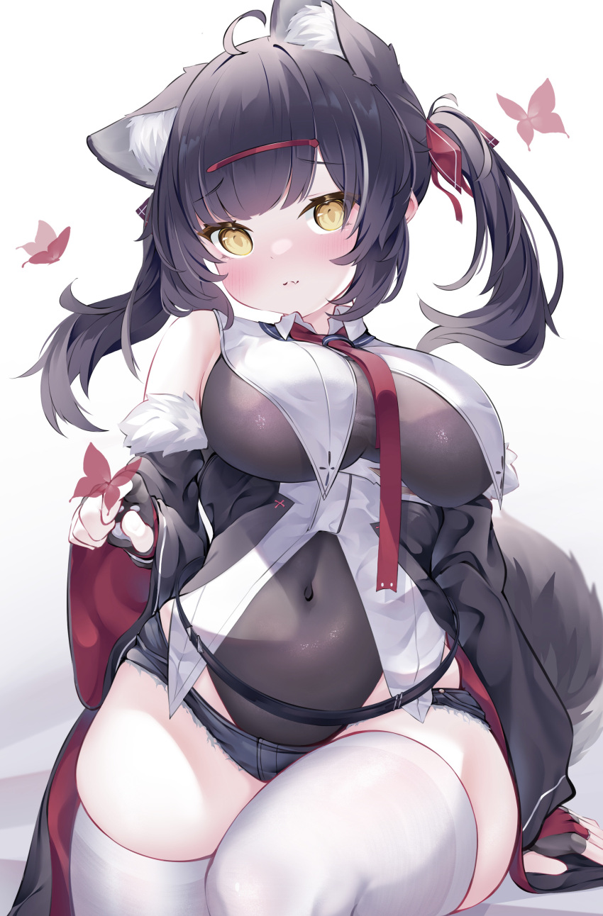 1girl absurdres ahoge animal_ear_fluff animal_ears arm_support black_hair black_jacket bow breasts bug butterfly clothes_down commentary_request cowboy_shot extra_ears fang fingerless_gloves fur-trimmed_jacket fur_trim gloves hair_bow highres jacket konagi_(konotuki) large_breasts leaning leotard light_blush looking_at_viewer medium_hair micro_shorts navel necktie open_clothes open_jacket original red_bow red_necktie see-through see-through_leotard shorts skin_fang skindentation solo tail thighhighs thighs twintails white_background white_thighhighs yellow_eyes