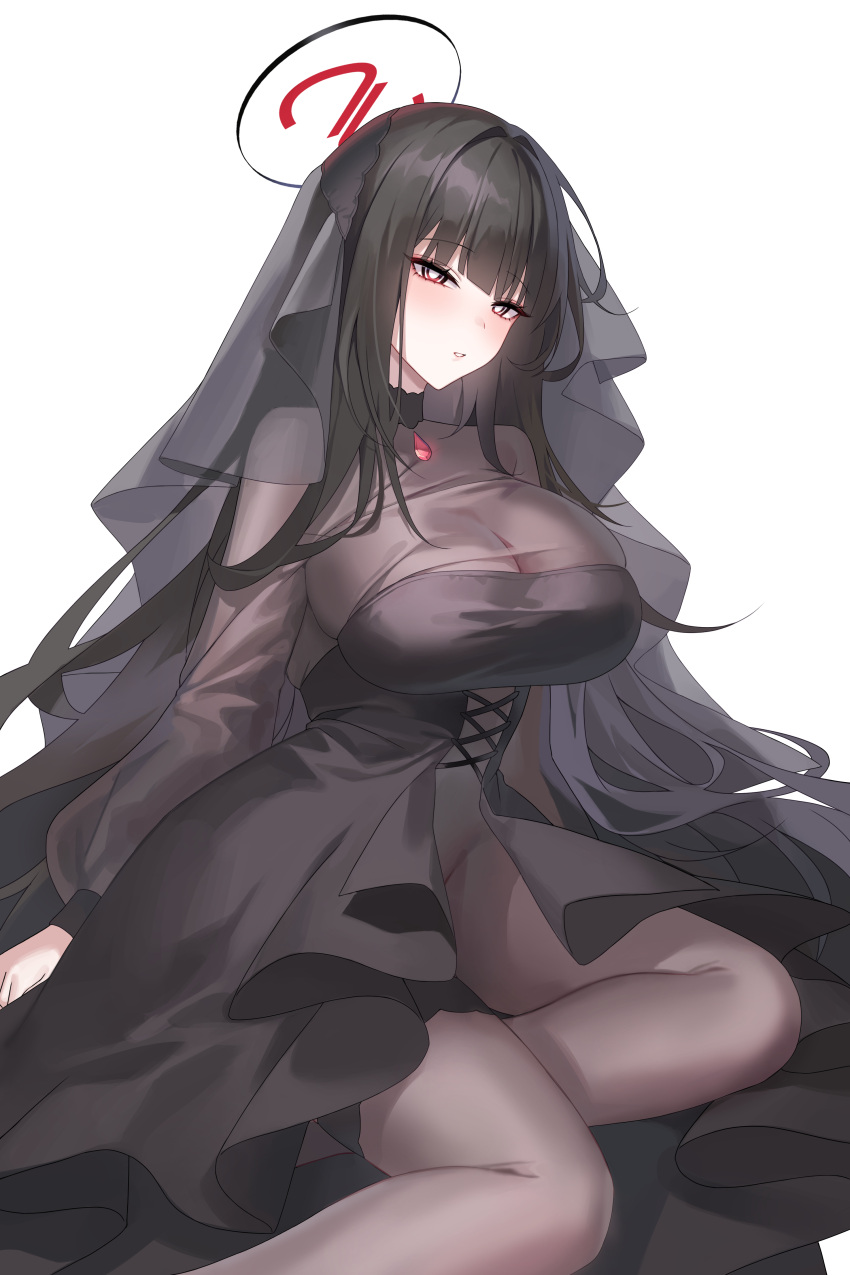 1girl absurdres alternate_costume black_dress black_hair black_pantyhose black_veil blue_archive blunt_bangs blush breasts bright_pupils cleavage dress frilled_dress frills halo headdress highres large_breasts long_hair long_sleeves looking_at_viewer open_mouth pantyhose raki_kr red_eyes rio_(blue_archive) see-through see-through_cleavage sitting solo thighs veil very_long_hair white_background
