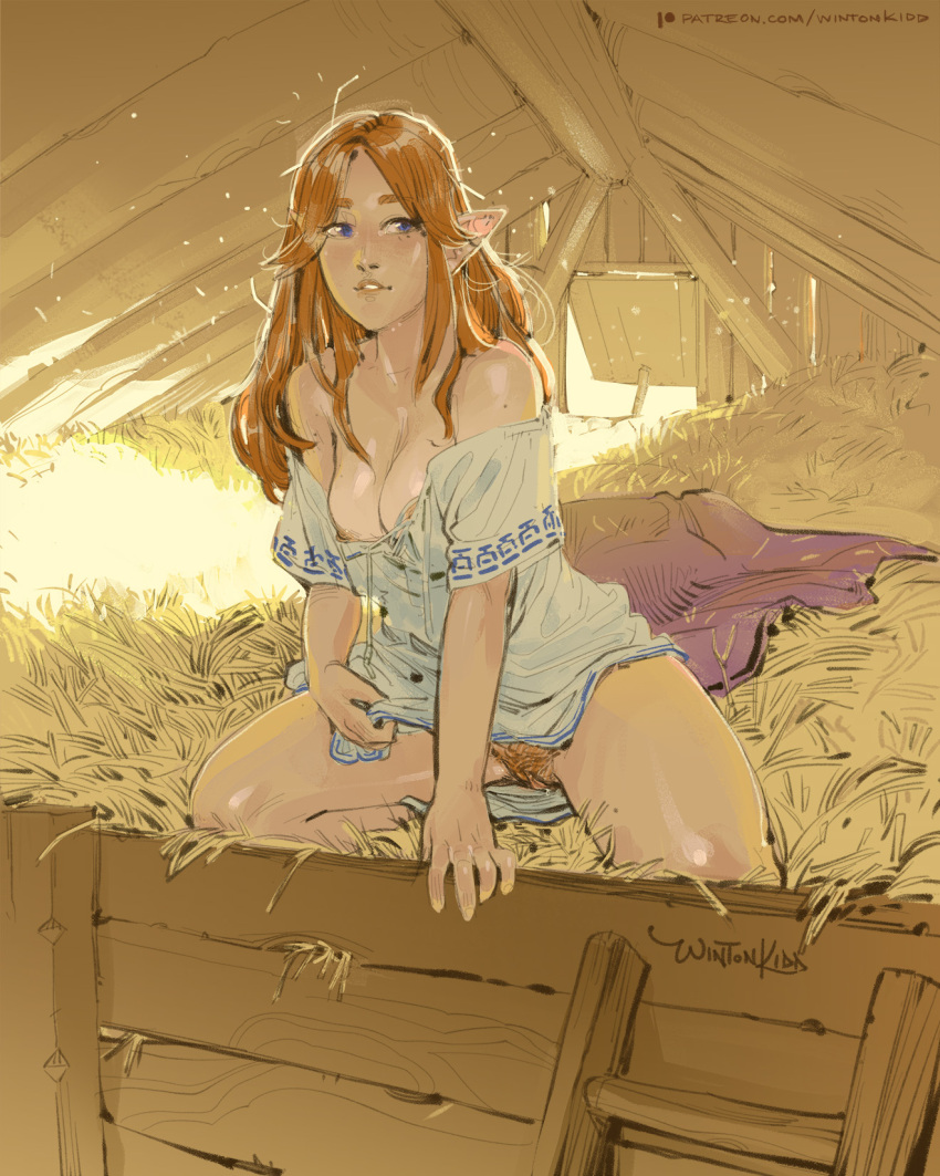 1girl bare_shoulders barn blanket blue_eyes breasts female_pubic_hair hay highres long_hair looking_to_the_side malon messy_hair nipples no_bra off_shoulder parted_lips pointy_ears pubic_hair pussy solo the_legend_of_zelda the_legend_of_zelda:_ocarina_of_time winton_kidd