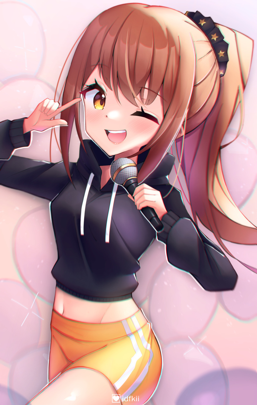 1girl ;d absurdres black_sweater breasts brown_hair commentary cropped_sweater hand_up highres holding holding_microphone idol_(rhythm_tengoku) lavendeavor long_hair long_sleeves looking_at_viewer medium_breasts microphone midriff music one_eye_closed open_mouth pointing pointing_at_self ponytail rhythm_tengoku shorts singing smile solo sweater thighs yellow_shorts