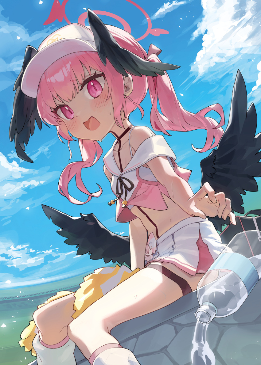 1girl absurdres alternate_costume bada_(jksh5056) black_wings blue_archive blush borrowed_design bottle breasts cheerleader collarbone day feet_out_of_frame halo head_wings highres koharu_(blue_archive) long_hair open_mouth outdoors pink_eyes pink_hair pink_halo pleated_skirt pom_pom_(cheerleading) sitting skirt small_breasts solo thigh_strap twintails water water_bottle white_skirt wings