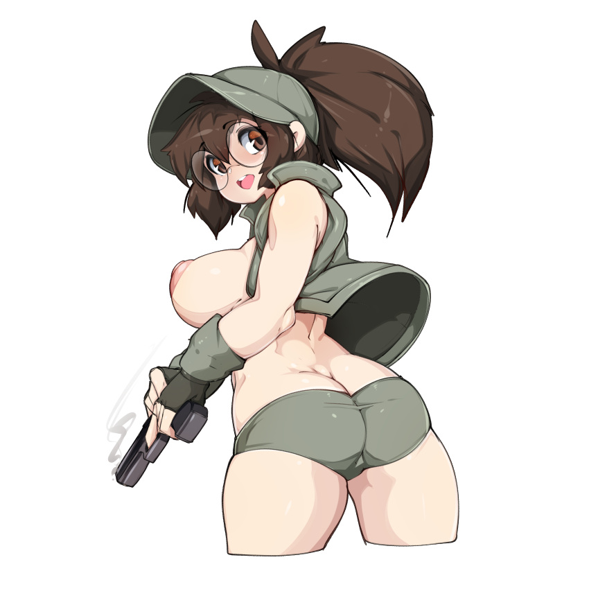 1girl absurdres ass baseball_cap blush breasts brown_eyes brown_hair cropped_legs fio_germi from_behind glasses gloves grey_panties gun hat highres huge_nipples long_hair looking_at_viewer looking_back medium_breasts metal_slug nipples open_mouth panties ponytail puffy_nipples round_eyewear shiny_skin simple_background slugbox smile solo standing topless underwear weapon white_background