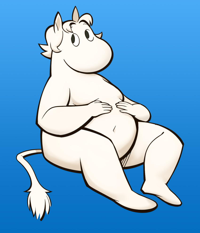 2023 anthro belly big_belly black_eyes blue_background cathodegaytube eyebrows fan_character fur hair hands_on_stomach hi_res male moomin navel nonbinary_(lore) overweight overweight_male prick_ears simple_background sitting solo tail tail_tuft the_moomins troll tuft white_body white_fur white_hair