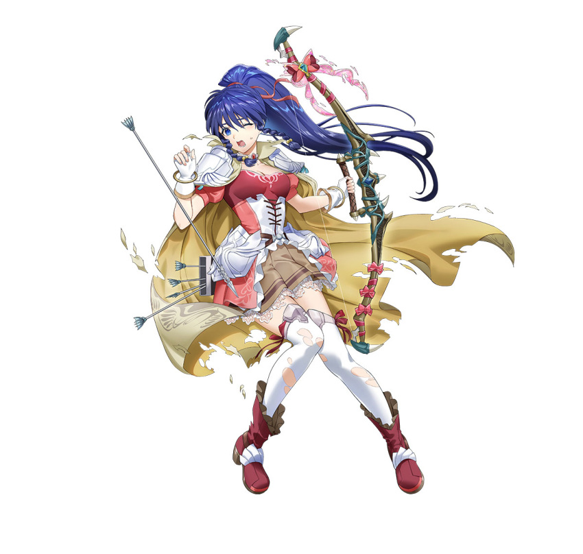 1girl blue_eyes blue_hair boots bow_(weapon) bow_and_arrow_hold braid braided_sidelock breasts cape choker cleavage corset damaged dress fingerless_gloves fire_emblem fire_emblem:_the_sacred_stones fire_emblem_heroes gloves hair_ribbon hair_tie high_ponytail holding holding_bow_(weapon) holding_weapon long_hair medium_breasts non-web_source official_alternate_costume official_art one_eye_closed open_mouth pink_corset pink_dress pink_ribbon pleated_dress puffy_short_sleeves puffy_sleeves ribbon short_sleeves solo tana_(fire_emblem) thighhighs torn_clothes torn_thighhighs twin_braids weapon white_background white_gloves white_thighhighs yellow_cape