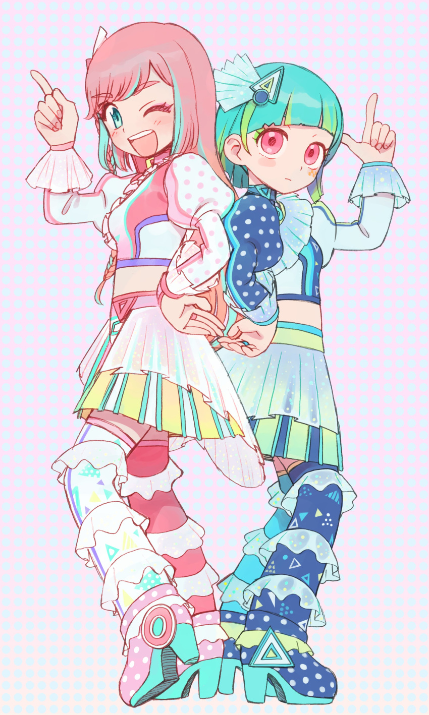 2girls absurdres back-to-back blue_eyes blue_footwear blue_hair blue_shirt blunt_bangs blush boots braid closed_mouth commentary_request full_body green_hair hand_on_own_hip hibino_matsuri high_heel_boots high_heels highres idol_clothes index_finger_raised juliet_sleeves layered_skirt long_hair long_sleeves looking_at_viewer midriff miniskirt multicolored_hair multiple_girls omega_auru one_eye_closed open_mouth pink_eyes pink_footwear pink_hair pink_shirt pleated_skirt polka_dot polka_dot_background pretty_(series) puffy_sleeves shirt short_hair side_braid skirt smile standing streaked_hair triangle_hair_ornament tsukiyo_michi waccha_primagi!