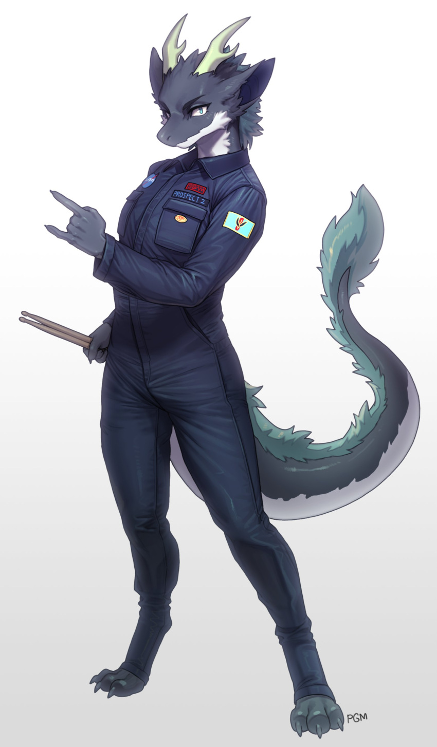 2023 absurd_res anthro blue_eyes clothed clothing devil_horns_(gesture) digitigrade dragon fur furred_dragon gesture grey_body grey_fur hi_res holding_object horn jumpsuit looking_at_viewer male pgm300 solo white_body white_fur wingless_dragon
