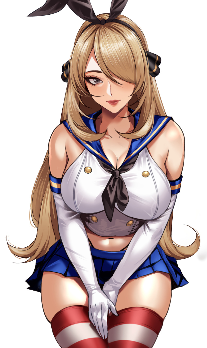 1girl black_hairband black_neckerchief black_panties blonde_hair blue_sailor_collar blue_skirt breasts cosplay crop_top cynthia_(pokemon) elbow_gloves gloves grey_eyes hair_over_one_eye hairband highleg highleg_panties highres kantai_collection large_breasts lipstick long_hair looking_at_viewer makeup microskirt navel neckerchief panties pleated_skirt pokemon pokemon_(game) pokemon_dppt red_lips sailor_collar shimakaze_(kancolle) shimakaze_(kancolle)_(cosplay) simple_background sitting skirt solo striped striped_thighhighs thighhighs thong underwear very_long_hair volyz white_background white_gloves
