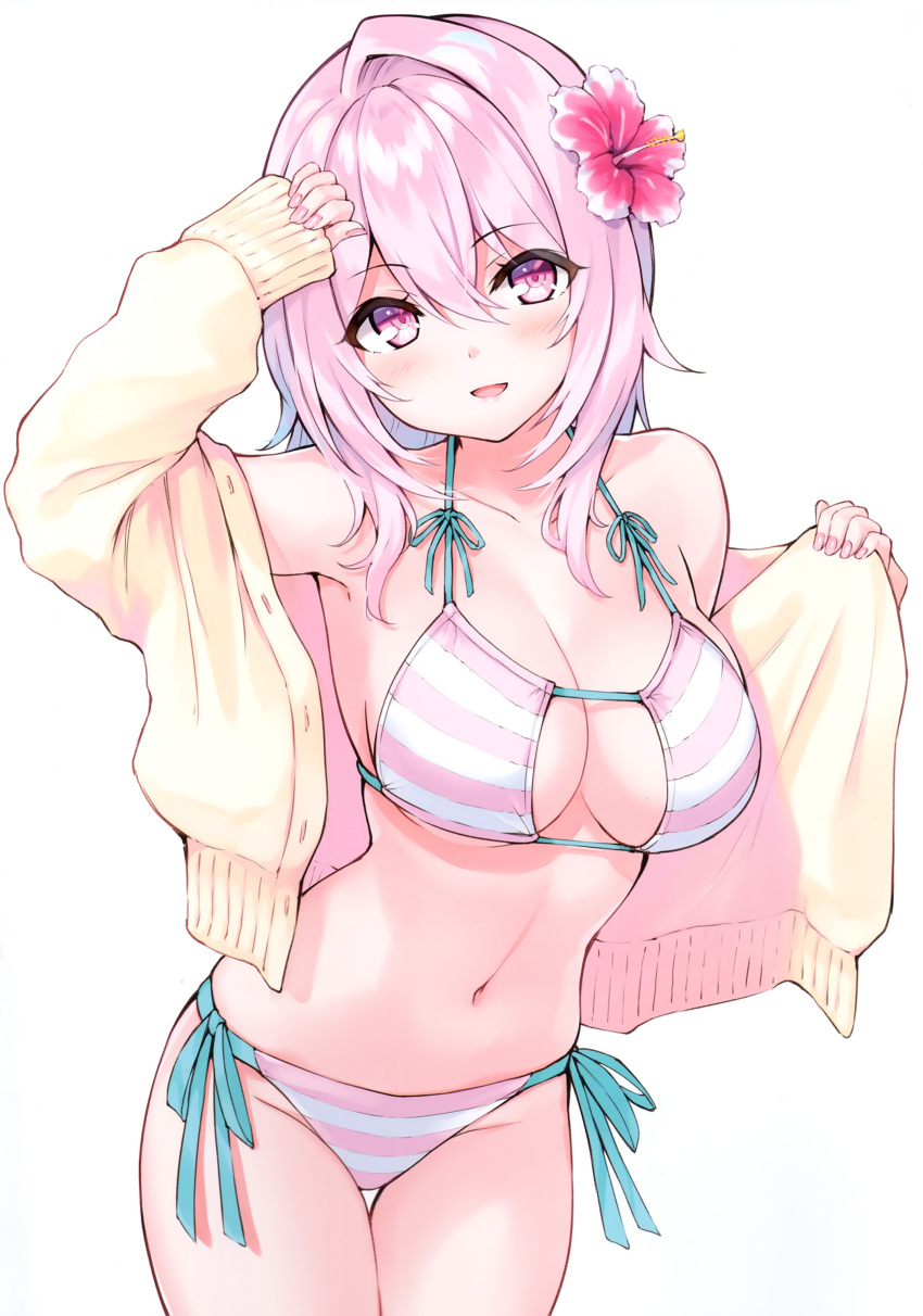 1girl absurdres bikini blush bow bowtie breasts cleavage collarbone cu-no fingernails flower hair_flower hair_ornament head_tilt hibiscus highres hisen_kaede jacket long_hair looking_at_viewer medium_breasts navel open_clothes open_jacket open_mouth pink_hair purple_eyes scan side-tie_bikini_bottom simple_background sleeves_past_wrists smile stomach striped striped_bikini swimsuit thighhighs white_background yayoi_sakura