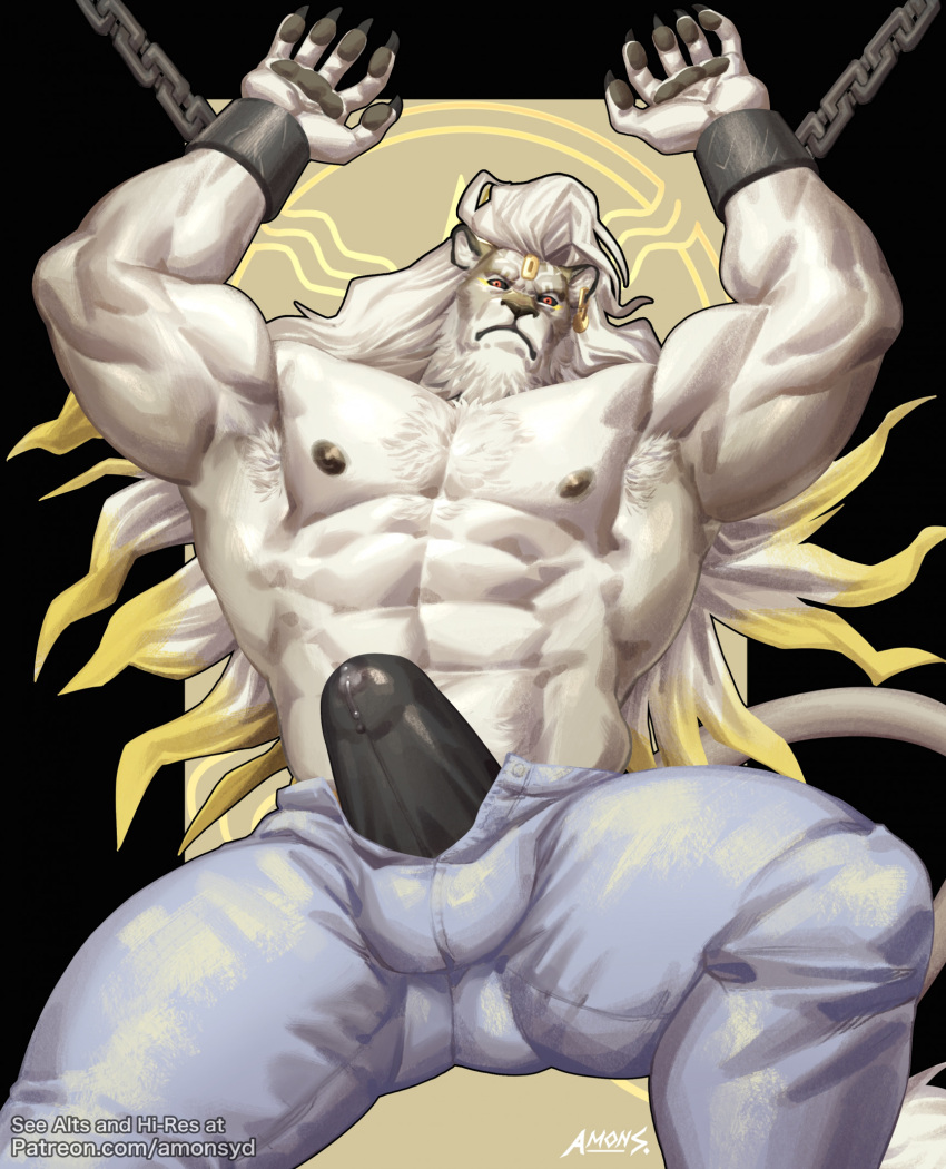 abs amon-sydonai anthro bodily_fluids bulge chain chained dislyte felid genital_fluids hi_res javid_(dislyte) leaking_precum lion male mammal muscular muscular_anthro muscular_male nipples pantherine pecs precum solo