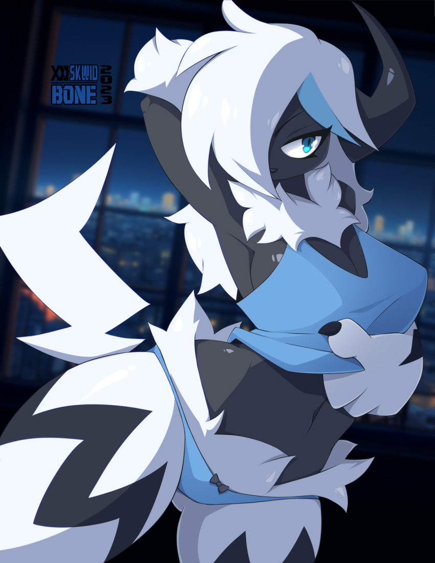 absol annie_(skwidbone) big_breasts bra breasts city cityscape clothing female generation_3_pokemon generation_7_pokemon hands_behind_head hi_res hybrid_pokemon legendary_pokemon nintendo panties pokemon pokemon_(species) skwidbone solo underwear window zeraora