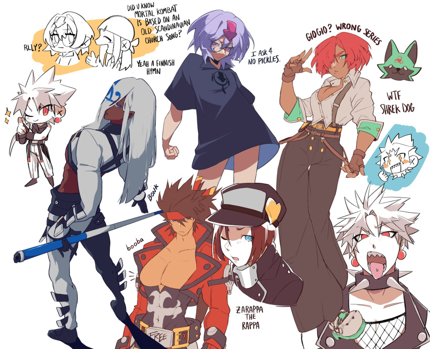 1girl 6+boys arrow_(symbol) arrow_hair_ornament axl_low bare_pectorals bare_shoulders bedman bell-bottoms belt blue_eyes bonk booba_(meme) breasts brown_gloves brown_hair cabbie_hat chipp_zanuff cleavage dark-skinned_female dark-skinned_male dark_skin earrings excuse_me_he_asked_for_no_pickles_(meme) fingerless_gloves forehead_protector giovanna_(guilty_gear) gloves gold_belt green_eyes green_fur grey_hair guilty_gear guilty_gear_strive guilty_gear_xrd hair_over_eyes hair_over_one_eye hat headband high-waist_pants highres holding_cue_stick jewelry large_breasts light_purple_hair long_hair long_sleeves looking_at_viewer male_focus medium_hair meme multiple_boys muscular muscular_male open_mouth pants partially_unbuttoned pectorals plunging_neckline red_eyes red_hair rei_(guilty_gear) round_eyewear shirt short_hair short_sleeves sleeves_pushed_up slippy_(734nyui) smile sol_badguy spiked_hair suspenders venom_(guilty_gear) white_hair white_shirt wolf