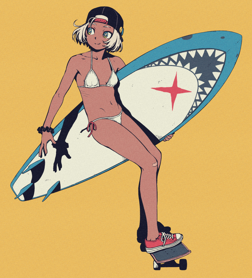 1girl backwards_hat bandaid bandaid_on_knee bandaid_on_leg baseball_cap bikini blonde_hair breasts commentary_request dark-skinned_female dark_skin full_body hat highres holding holding_surfboard looking_to_the_side navel original scrunchie shoes short_hair side-tie_bikini_bottom simple_background skateboard skateboarding small_breasts smile sneakers solo surfboard swimsuit tan wang-pac white_bikini wrist_scrunchie yellow_background yellow_eyes