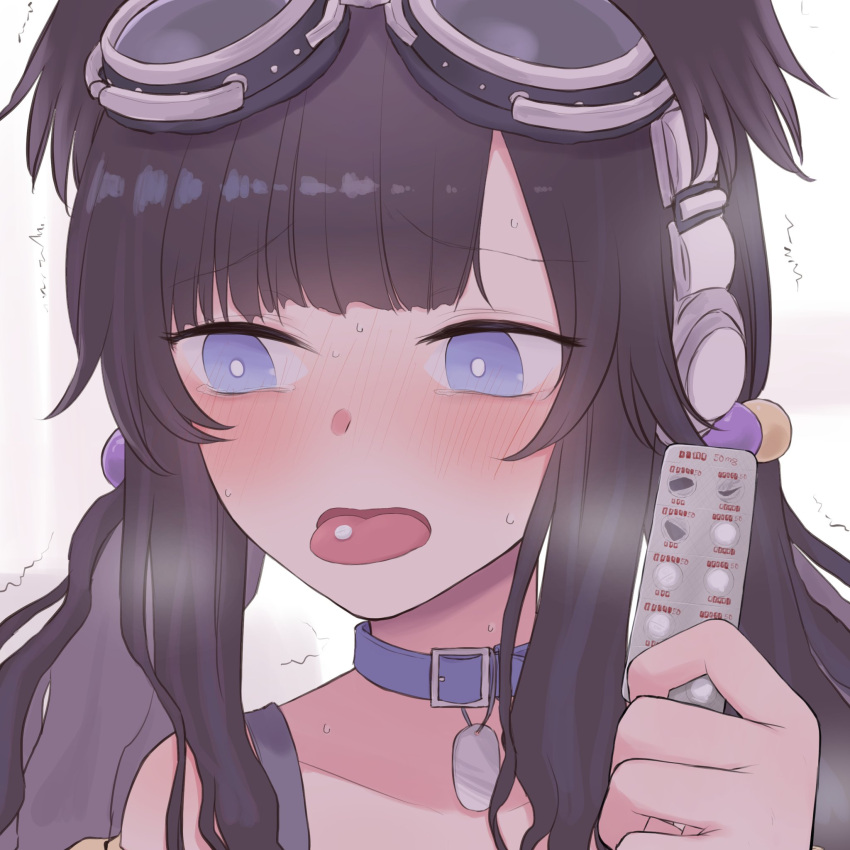 1girl :o animal_ears belt_collar black_hair blue_archive blunt_bangs blush chizu_(cartography_104) close-up collar collarbone commentary_request detached_sleeves dog_ears dog_girl goggles goggles_on_head grey_eyes hair_bobbles hair_ornament heavy_breathing hibiki_(blue_archive) highres holding_pill in_heat long_hair looking_at_viewer looking_away low_twintails parted_bangs pill_on_tongue sidelocks simple_background solo steam sweatdrop tongue tongue_out trembling twintails visible_air white_background