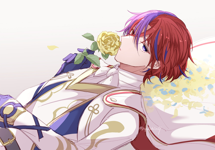 1boy alear_(fire_emblem) alear_(male)_(fire_emblem) blue_eyes blue_gloves blue_hair cape crossed_bangs fire_emblem fire_emblem_engage flower gloves hair_between_eyes heterochromia holding holding_flower looking_at_viewer male_focus multicolored_hair red_eyes red_hair rose short_hair split-color_hair two-tone_hair white_background yutohiroya