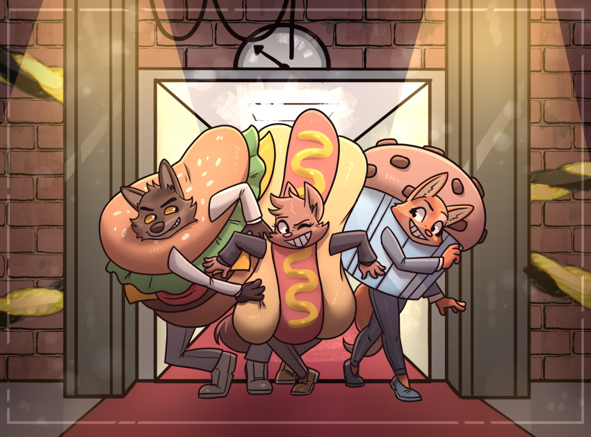 anthro burger burger_costume canid canine canis cheeseburger_costume chocolate_chip_muffin chocolate_chip_muffin_costume clothing costume deadyoung7 diane_foxington dreamworks female food food_costume fox group hi_res hot_dog hot_dog_costume male mammal mr._wolf_(the_bad_guys) muffin muffin_costume the_bad_guys trio wolf