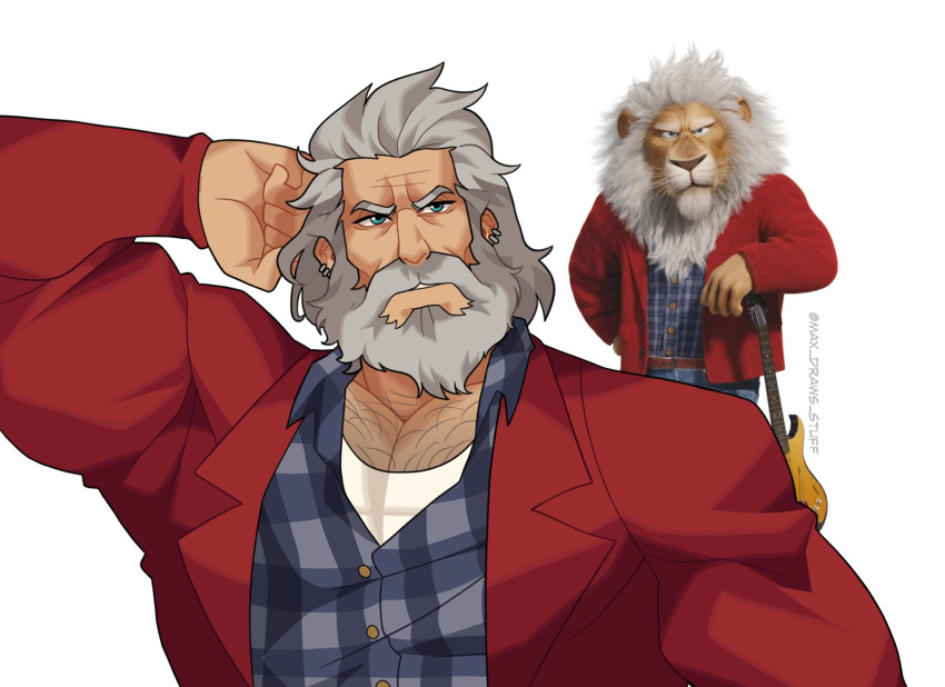 1boy arm_behind_head bara beard character_request chest_hair collared_shirt copyright_request dark-skinned_male dark_skin facial_hair frown grey_hair highres large_pectorals male_focus mature_male muscular muscular_male old old_man pectoral_cleavage pectorals personification revealyoursins scene_reference shirt short_hair solo thick_mustache upper_body wrinkled_skin