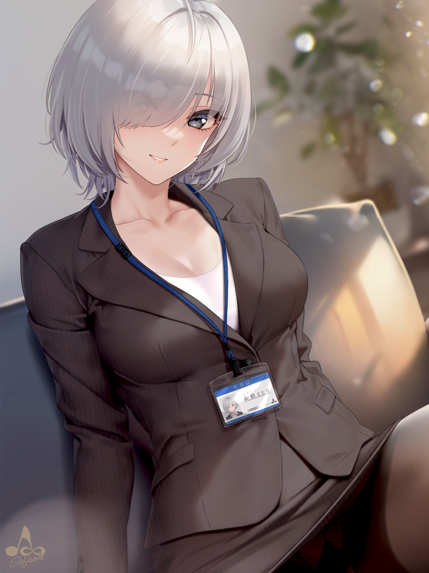 1girl artist_logo bangs black_jacket black_skirt breasts cleavage collarbone couch eyes_visible_through_hair formal grey_eyes grey_hair hair_over_one_eye highres id_card indoors infinote jacket lanyard large_breasts lips long_sleeves looking_at_viewer miniskirt office_lady original panties panties_under_pantyhose pantyhose pantyshot parted_lips pencil_skirt plant potted_plant sashou_mihiro shirt short_hair signature sitting skirt smile solo underwear white_shirt