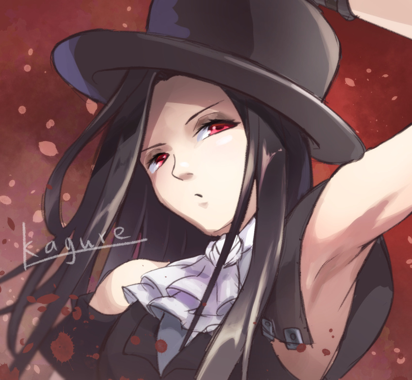 1boy :o adjusting_clothes adjusting_headwear androgynous armpits ascot black_hair black_headwear guilty_gear guilty_gear_strive hat highres kagure_(karaguren) long_hair male_focus red_background red_eyes signature sleeveless splatter testament_(guilty_gear) top_hat white_ascot