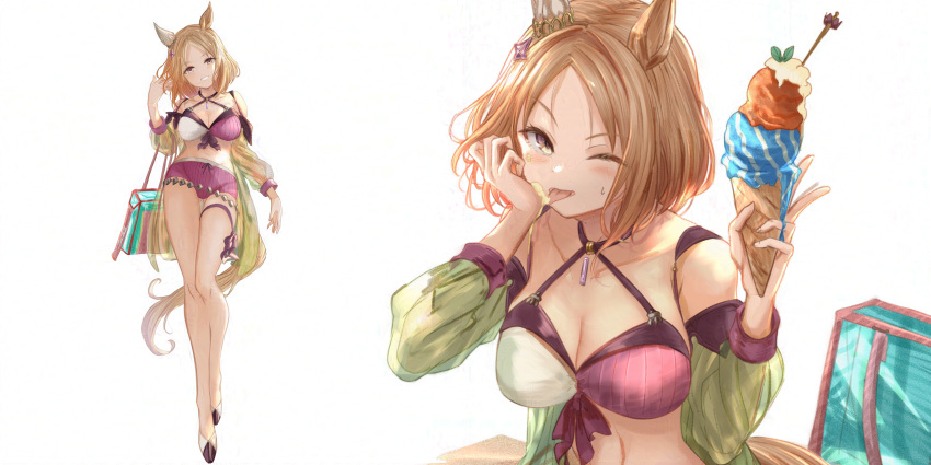 1girl absurdres animal_ears bikini blush breasts cleavage detached_sleeves feet_out_of_frame food full_body grin hands_up highres holding holding_food horse_ears horse_girl horse_tail ice_cream licking light_brown_hair looking_at_viewer male_swimwear medium_breasts narita_top_road_(umamusume) navel one_eye_closed open_mouth purple_bikini see-through see-through_sleeves short_hair simple_background sitting smile solo standing sweatdrop swim_trunks swimsuit tail thigh_strap tongue tongue_out umamusume v white_background yatsuka_(846) yellow_eyes yokozuwari