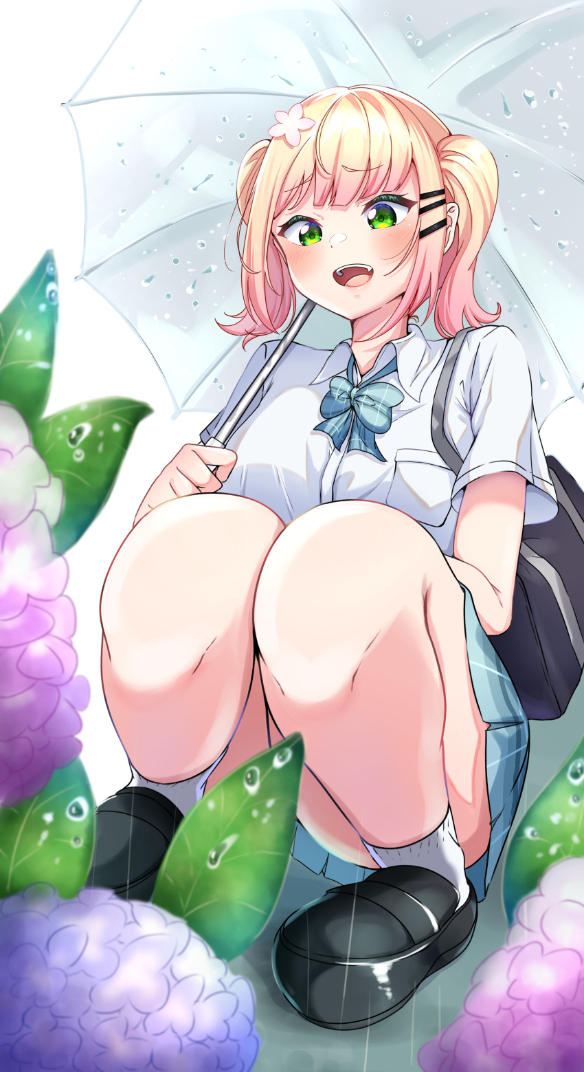 1girl absurdres aogami_high_school_uniform blonde_hair blue_skirt blush brown_footwear collared_shirt flower full_body gradient_hair green_eyes hair_flaps hair_ornament hairclip highres holding holding_umbrella hololive hydrangea loafers looking_at_flowers minnie_mouse_ears momosuzu_nene multicolored_hair official_alternate_costume official_alternate_hair_length official_alternate_hairstyle okome_0628 open_mouth pink_hair plaid plaid_skirt pleated_skirt rain school_uniform shirt shoes short_sleeves siblings skirt solo squatting twins umbrella virtual_youtuber white_shirt