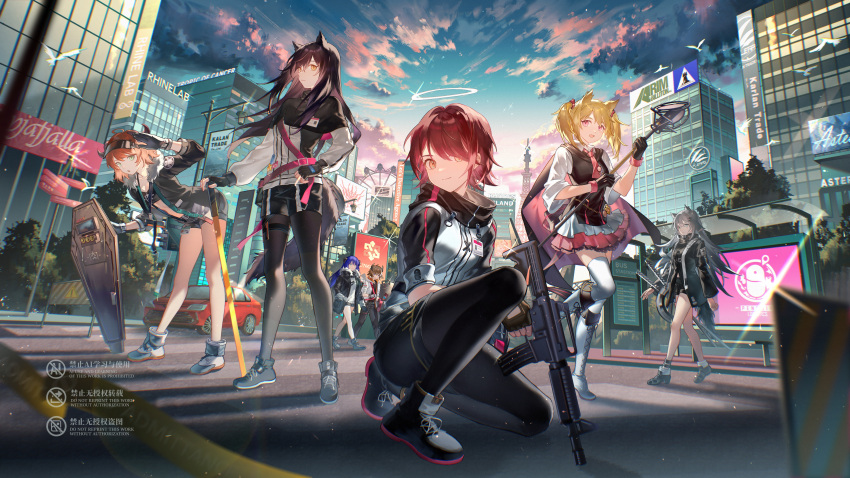 1boy 6+girls absurdres arknights arm_up bent_over bison_(arknights) black_capelet black_footwear black_gloves black_hair black_jacket black_pantyhose black_shirt black_shorts black_vest blonde_hair blue_hair blue_sky blurry blurry_foreground boots breasts brown_hair building capelet car character_request check_character cloud cloudy_sky commentary_request croissant_(arknights) cross-laced_footwear crosswalk day depth_of_field english_text exusiai_(arknights) ferris_wheel fingerless_gloves floating_hair fur-trimmed_jacket fur_trim gloves grey_hair gun hair_over_one_eye halo hand_on_hilt highres holding holding_gun holding_staff holding_weapon horns jacket knee_boots labroiy lace-up_boots lappland_(arknights) long_hair mostima_(arknights) motor_vehicle multiple_girls on_one_knee open_clothes open_jacket orange_eyes orange_hair outdoors pantyhose pantyhose_under_shorts pink_eyes pink_skirt purple_eyes red_hair shield shirt shoes short_shorts short_sleeves shorts sign skirt sky small_breasts socks sora_(arknights) staff standing standing_on_one_leg sword texas_(arknights) thighhighs thighhighs_under_boots tower twintails very_long_hair vest visor_cap warning_sign watermark weapon white_footwear white_gloves white_jacket white_shirt white_socks white_thighhighs