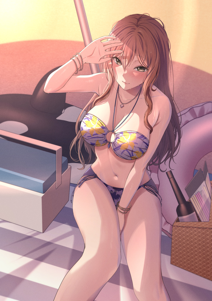 1girl absurdres arm_behind_back arm_up bang_dream! bare_arms bare_shoulders beach_towel bikini blue_bikini blurry blurry_background bottle bracelet breasts brown_eyes brown_hair cleavage closed_mouth collarbone commentary cooler day feet_out_of_frame floral_print from_above hair_between_eyes hair_down highres imai_lisa inflatable_orca inflatable_toy innertube jewelry large_breasts long_hair looking_at_viewer looking_up navel necklace o-ring o-ring_bikini o-ring_top official_alternate_costume on_ground outdoors parasol pendant picnic_basket print_bikini ptal sand shade shading_eyes side-tie_bikini_bottom sidelocks sitting smile solo stomach sunlight swimsuit towel umbrella wavy_hair wet white_bikini