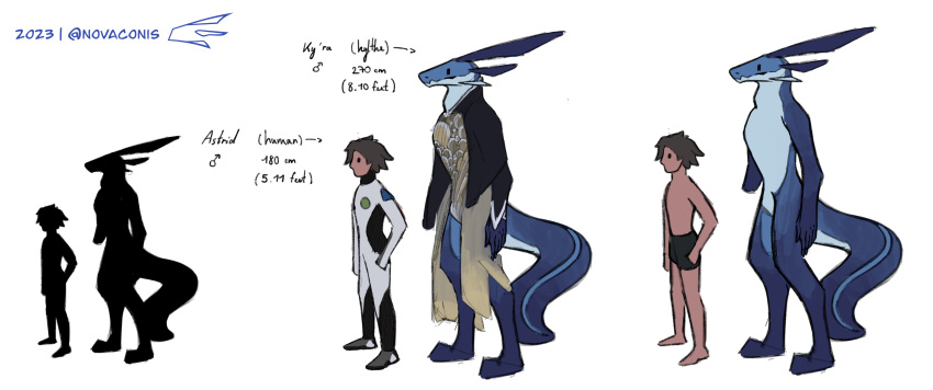 absurd_res alien astrid_(novaconis) big_tail blue_body clothing concept disability hi_res human ky-ra_the_kylthe_(novaconis) kylthe_(novaconis) male mammal mixed_race novaconis one_arm person_of_color simple_eyes size_difference tail tall underwear