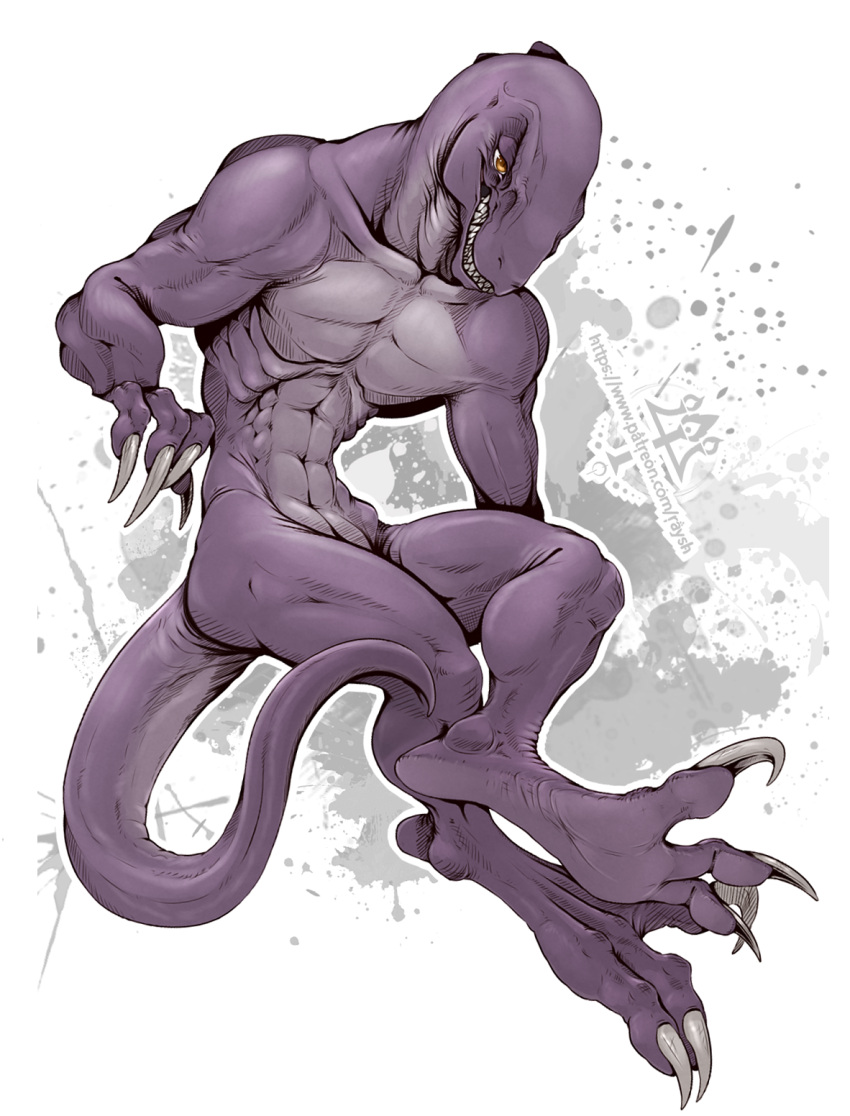 anthro claws dinosaur dinosaur_taur feet grin hi_res kredri male nude paws purple_body reptile reptile_taur scalie scalie_taur simple_background smile solo tail taur teeth toe_claws toes