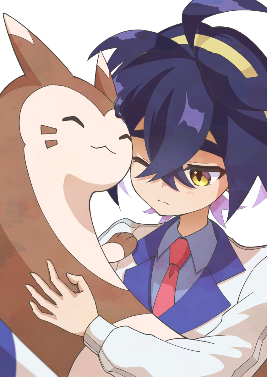 1boy ahoge black_hair blush closed_mouth collared_shirt commentary_request crossed_bangs furret grey_shirt hair_between_eyes hairband highres holding holding_pokemon jacket kieran_(pokemon) korinko long_sleeves male_focus necktie pokemon pokemon_(creature) pokemon_(game) pokemon_sv red_necktie shirt short_hair split_mouth white_jacket yellow_eyes yellow_hairband