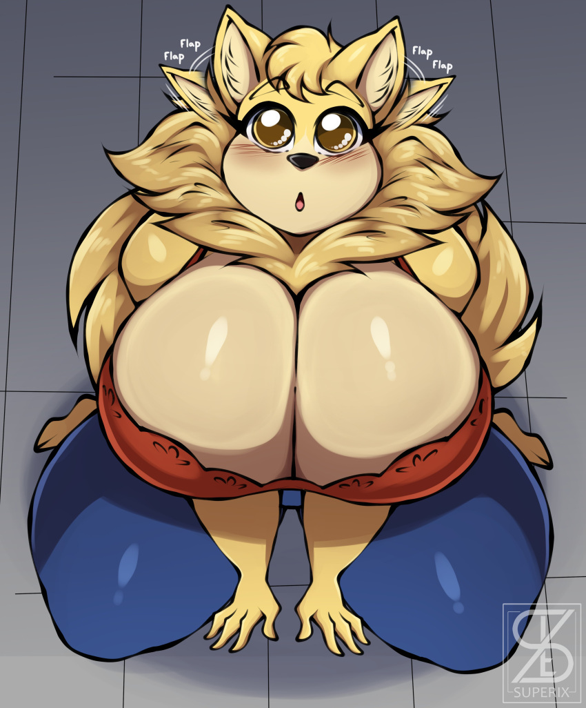 2023 4_fingers absurd_res adelina_(superix) anthro big_breasts breasts canid canine canis clothed clothing domestic_dog female fingers fur hi_res kneeling looking_at_viewer mammal pomeranian solo spitz superix yellow_body yellow_fur