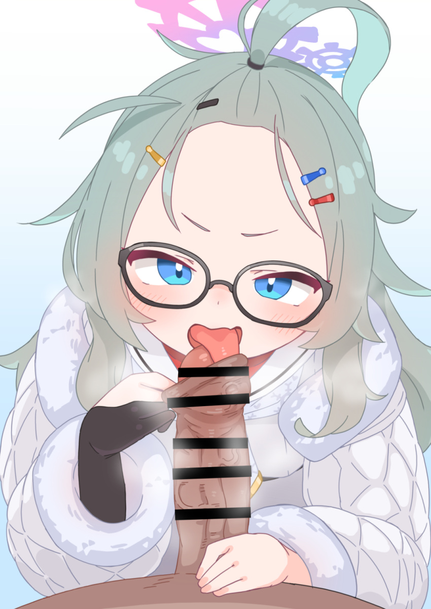 1boy 1girl bar_censor blue_archive blue_eyes censored coat erection fellatio foreskin foreskin_insertion foreskin_pull fur-trimmed_coat fur_trim glasses green_hair hair_ornament hairclip halo hetero highres licking licking_penis long_hair long_sleeves looking_at_viewer meru_(blue_archive) open_mouth oral penis phimosis pov pov_crotch solo_focus sukarabeeto tongue tongue_out veins veiny_penis