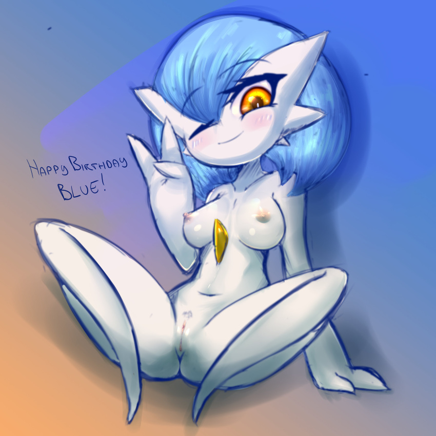 1girl absurdres alternate_color arm_support blue_background blue_hair blush breasts breasts_apart closed_mouth collarbone colored_skin commentary completely_nude english_commentary english_text female_pubic_hair fir3born full_body gardevoir hair_between_eyes hand_up happy happy_birthday head_tilt highres legs looking_at_viewer medium_breasts medium_hair navel nipples nude one_eye_closed orange_eyes pokemon pokemon_(creature) pubic_hair pussy shiny_pokemon shiny_skin sitting sketch smile solo sparse_pubic_hair spread_legs stomach uncensored v white_skin