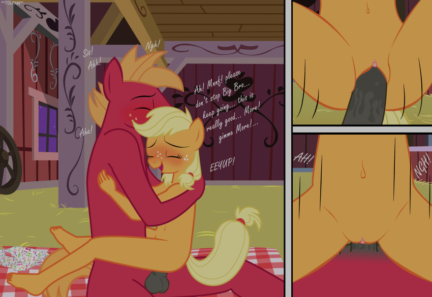 absurd_res anthro applejack_(mlp) barn big_macintosh_(mlp) brother brother_and_sister comic duo equid equine female friendship_is_magic genitals hasbro hi_res horse incest_(lore) male male/female mammal my_little_pony nude penetration penile penile_penetration penis penis_in_pussy pony pussy sex sibling sister tolpain vaginal vaginal_penetration young young_on_young