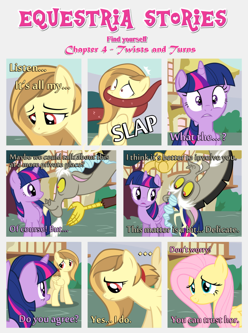 absurd_res agreement alice_goldenfeather_(estories) anthro bangs black_border border building chimera covering covering_mouth cutie_mark dialogue discord_(mlp) draconequus equid equine estories eye_contact female feral fluttershy_(mlp) folded_wings friendship_is_magic frown group hasbro hi_res honesty horn looking_at_another male mammal my_little_pony open_mouth pegasus personal_space_invasion plant ponyville sad shrub slap_(sound_effect) smile twilight_sparkle_(mlp) upside_down what winged_unicorn wings