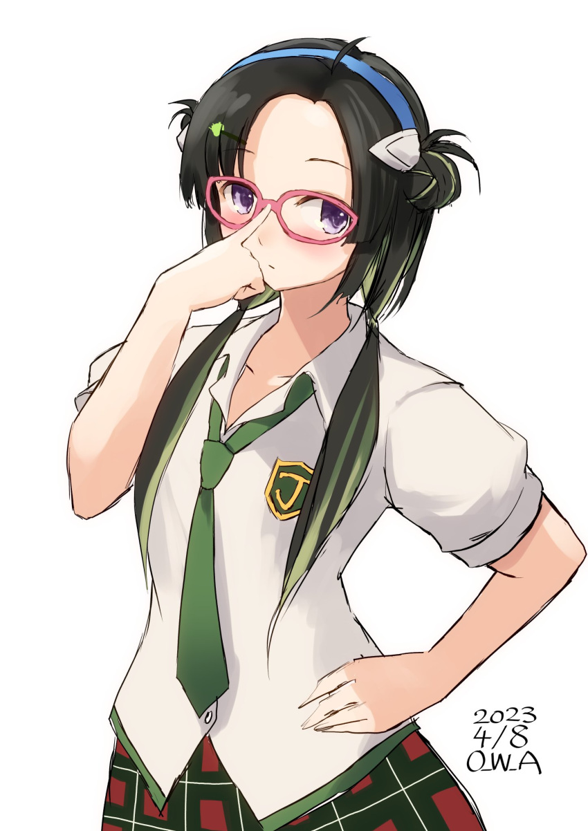 1girl adjusting_eyewear ahoge artist_name bespectacled black_hair blue_hairband collared_shirt commentary_request cosplay cowboy_shot dated double_bun dress_shirt evangelion:_2.0_you_can_(not)_advance evangelion:_3.0_you_can_(not)_redo forehead glasses green_hair green_necktie hair_bun hairband hand_on_own_hip highres interface_headset kantai_collection long_hair looking_at_viewer makinami_(kancolle) makinami_mari_illustrious makinami_mari_illustrious_(cosplay) multicolored_hair name_connection necktie neon_genesis_evangelion one-hour_drawing_challenge owa_(ishtail) pink-framed_eyewear plaid plaid_skirt rebuild_of_evangelion red_skirt shirt skirt solo white_shirt