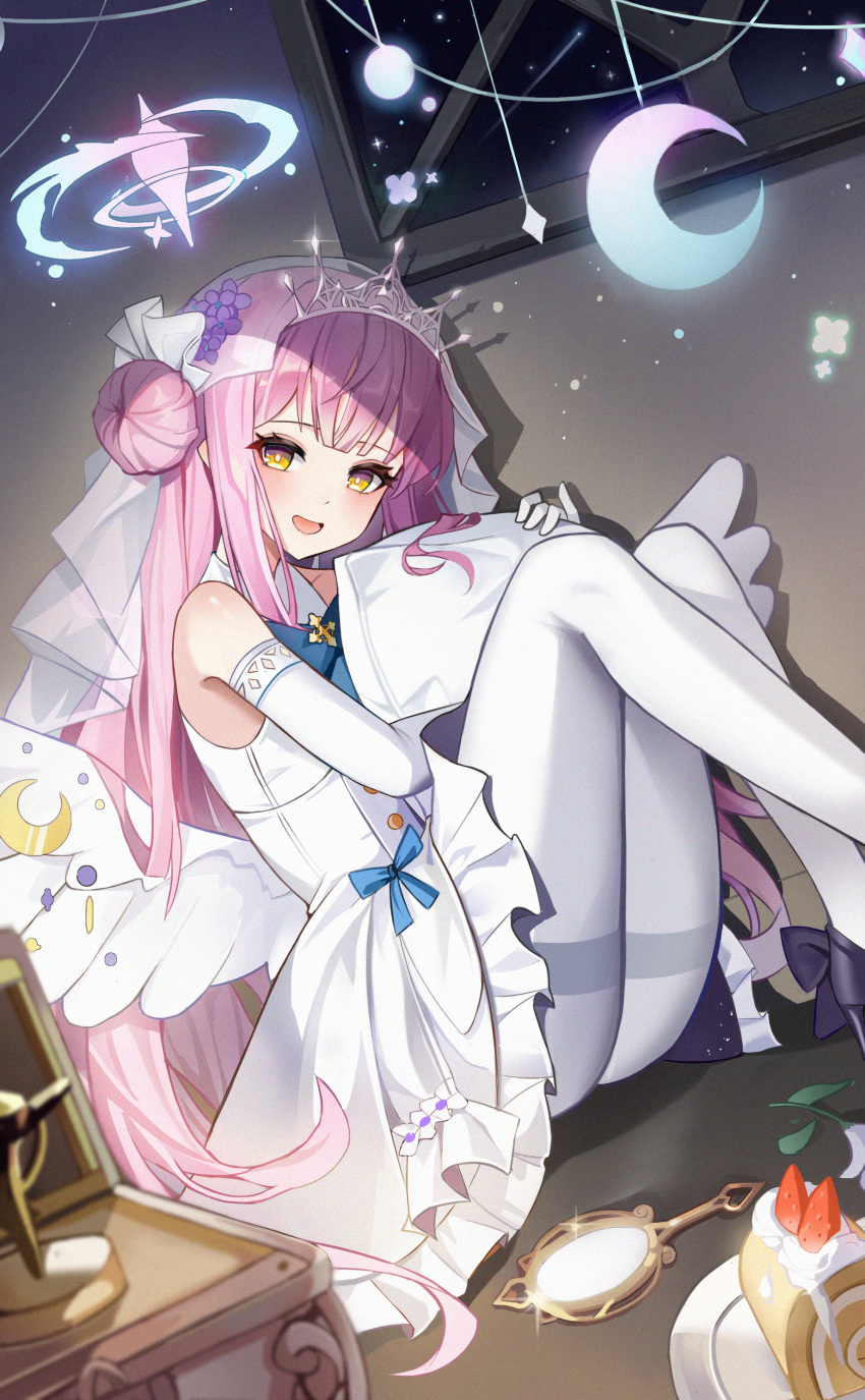 1girl absurdres angel_wings blue_archive blush bow breasts cake dress feathered_wings flower food gonggo hair_bun hair_flower hair_ornament halo highres long_hair looking_at_viewer low_wings mika_(blue_archive) pantyhose pink_hair scrunchie single_side_bun smile solo very_long_hair white_dress white_pantyhose white_wings wings yellow_eyes