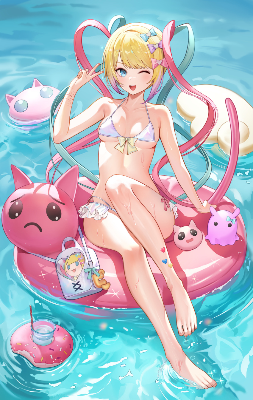 1girl ;d adapted_costume alternate_costume barefoot bikini blonde_hair blue_bag blue_bow blue_eyes blue_hair blue_ribbon blush bow breasts character_doll chouzetsusaikawa_tenshi-chan commentary_request cup cuts disposable_cup doughnut_innertube emoji frilled_bikini frills full_body hair_bow hair_ornament hand_up heart heart_hair_ornament highres holographic_clothing iino_(isnyong) injury innertube long_hair looking_at_viewer multicolored_hair navel needy_girl_overdose one_eye_closed open_mouth pink_bow pink_hair pink_innertube pleading_face_emoji purple_bow quad_tails ribbon scar scar_on_arm self-harm self-harm_scar sitting small_breasts smile solo stuffed_animal stuffed_octopus stuffed_toy swimsuit twintails v very_long_hair water wet white_bikini yellow_bow