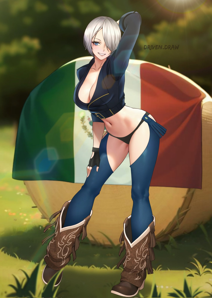 1girl angel_(kof) artist_name backless_pants blue_eyes boots bra breasts chaps cleavage commission cowboy_boots crop_top cropped_jacket drivendraw fingerless_gloves gloves hair_over_one_eye highres jacket large_breasts leather leather_jacket looking_at_viewer mexican_flag mexico midriff navel panties pants short_hair smile snk solo strapless strapless_bra the_king_of_fighters the_king_of_fighters_xiv toned underwear white_hair