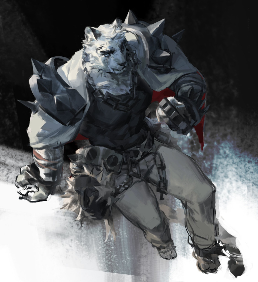 1boy animal_ears arknights bara black_shirt chain chinese_commentary clenched_hands coat erming225 furry furry_male highres looking_at_viewer male_focus mountain_(arknights) panties scar scar_across_eye scar_on_cheek scar_on_face shirt spiked_knuckles spiked_pauldrons tiger_boy tiger_ears tiger_stripes underwear white_coat white_panties