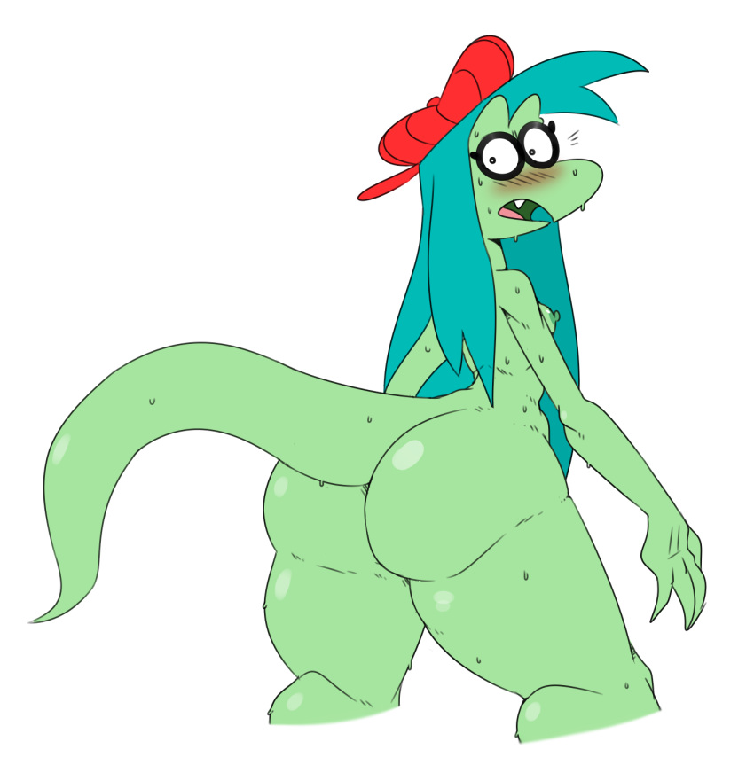 annole anthro areola backwards_hat big_butt black_eyes blush bodily_fluids bottom_heavy breasts bubble_butt butt cartoon_network clothing dactyloid digital_drawing_(artwork) digital_media_(artwork) eyewear female fingers glasses green_body green_scales hair hat headgear headwear hi_res huge_butt lizard long_hair long_tail looking_at_viewer looking_back looking_back_at_viewer mhdrawin nipples nude ok_k.o.!_let's_be_heroes open_mouth reptile scales scalie simple_background solo sweat tail teal_hair thick_thighs white_background wide_hips