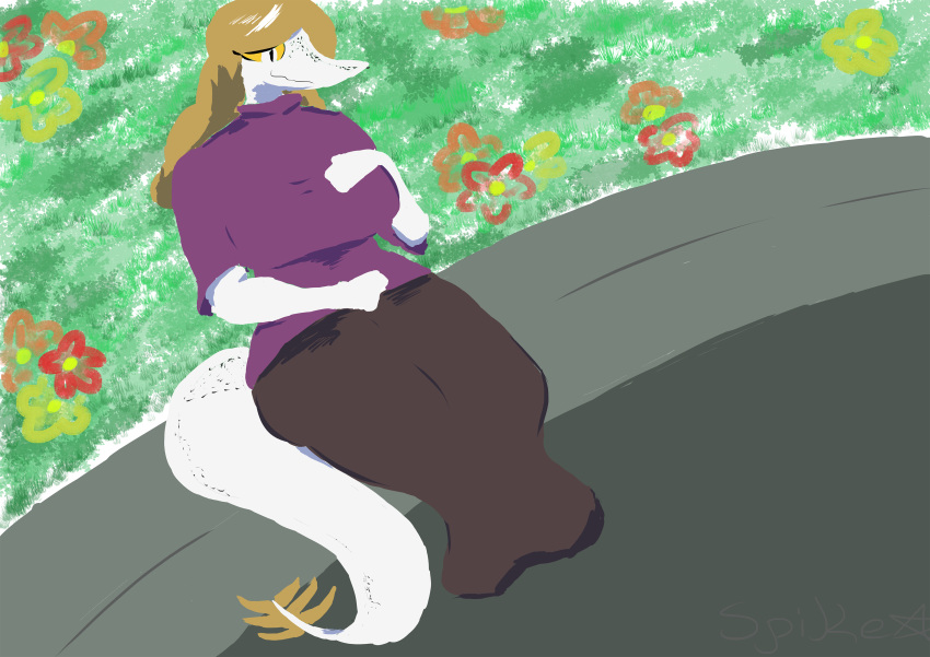 absurd_res anthro big_breasts blonde_hair bottomwear breasts clothed clothing colored dinosaur dromaeosaurid feathered_tail feathers female flat_colors flower freckles grey_eyes hair hi_res plant pupils reptile scalie shirt signature sitting skirt slit_pupils snoot_game solo tail tail_feathers tarja_(snoot_game) theropod topwear unknown_artist unknown_artist_signature white_body yellow_sclera