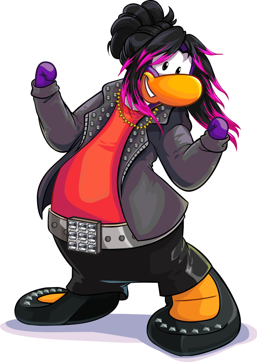 absurd_res avian bird black_bottomwear black_clothing black_footwear black_hair black_jacket black_pants black_topwear bottomwear clenched_hands clothed clothing club_penguin female footwear full-length_portrait grey_belt grin hair hi_res jacket jewelry long_hair looking_at_viewer multicolored_hair necklace official_art open_clothing open_jacket open_topwear pants penguin pink_hair portrait purple_body red_clothing red_shirt red_topwear shirt shoes smile solo topwear two_tone_hair unknown_artist updo