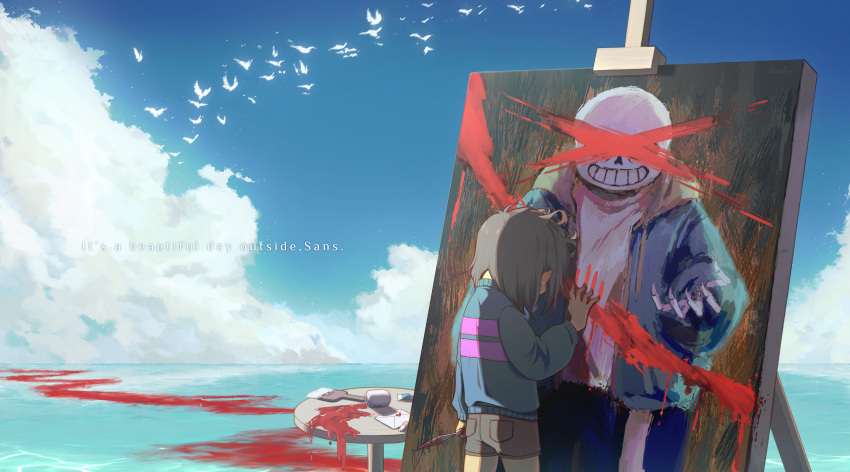 1other absurdres black_shorts blood blood_on_knife blood_on_weapon blue_shirt cloud day english_text forut_dondon frisk_(undertale) highres holding holding_knife holding_weapon knife outdoors paintbrush picture_(object) portrait_(object) sans shirt shorts sky solo table undertale weapon